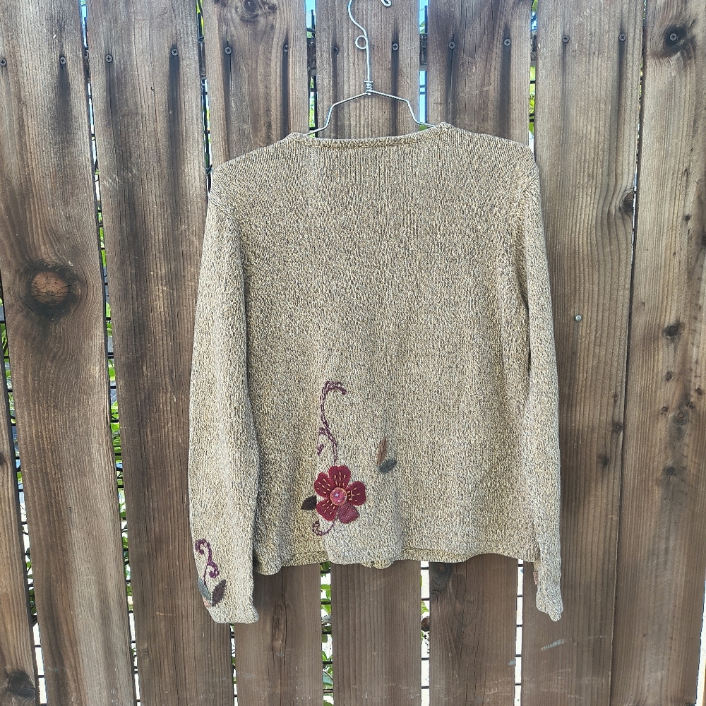 VINTAGE | Crazy HorseLiz Clairborne Zip Cardigan Embroidered Floral Brown - Picture 7 of 9